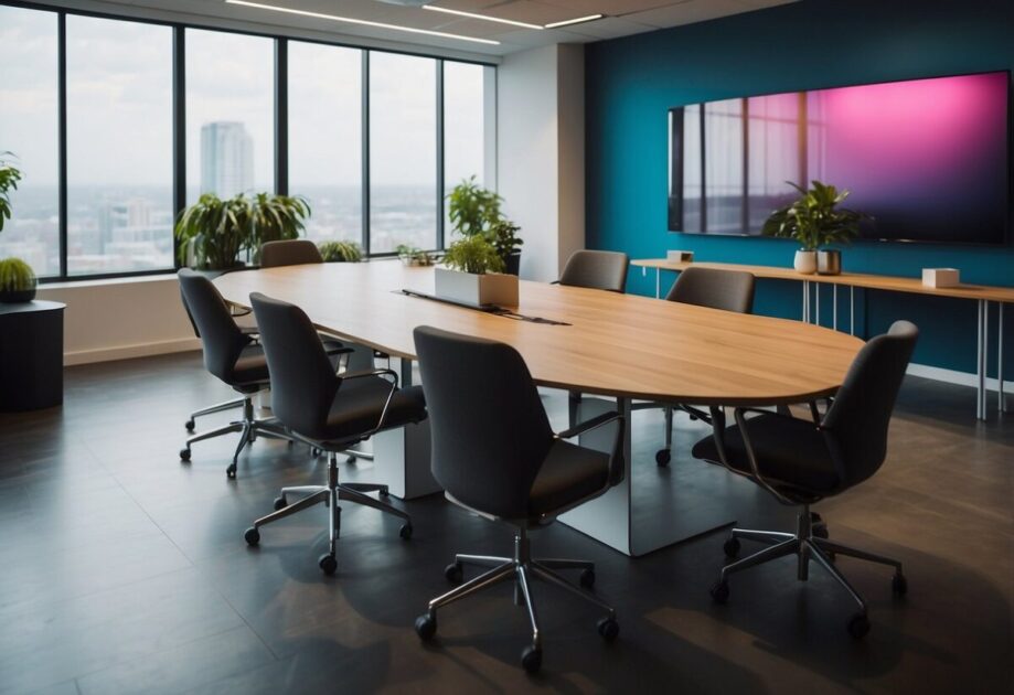 A vibrant meeting room with colorful, collaborative workspaces and a dynamic atmosphere, showcasing innovative ideas and fostering team productivity