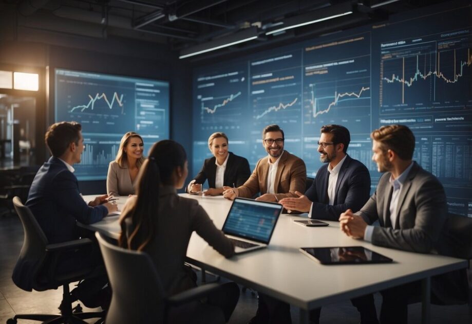 A group of diverse people gather around a table, brainstorming and sharing ideas. Charts and graphs are displayed on the walls, creating a dynamic and collaborative environment