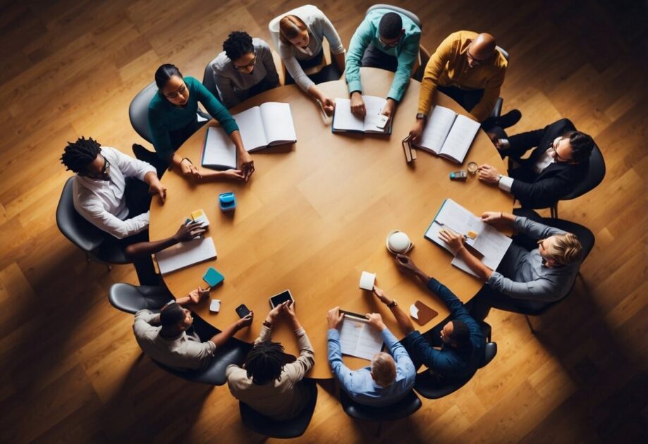 A group of diverse objects arranged in a circle, representing teamwork and creativity. A brainstorming session with a variety of tools and resources