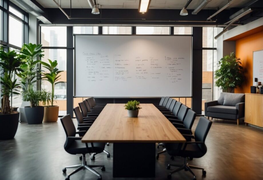 A colorful and dynamic meeting room with a large whiteboard filled with brainstorming ideas, a table surrounded by energetic team members, and various creative tools and materials scattered around the room