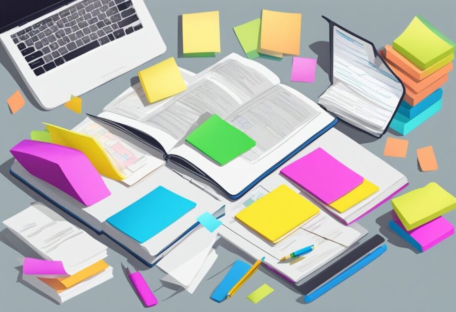 A table with various business strategy books, a laptop open to a business model canvas, and a brainstorming whiteboard with colorful sticky notes