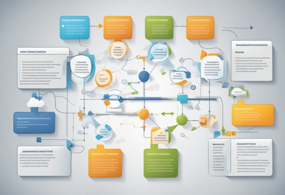 A bustling office environment with people collaborating on new ideas and innovative strategies for business success. Whiteboards filled with diagrams and charts, and a sense of energy and creativity in the air