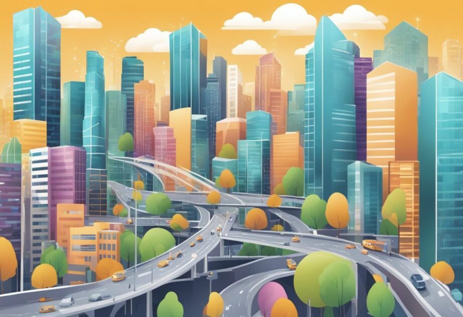 A bustling cityscape with modern buildings and innovative businesses thriving. A network of interconnected pathways symbolizing successful business strategies