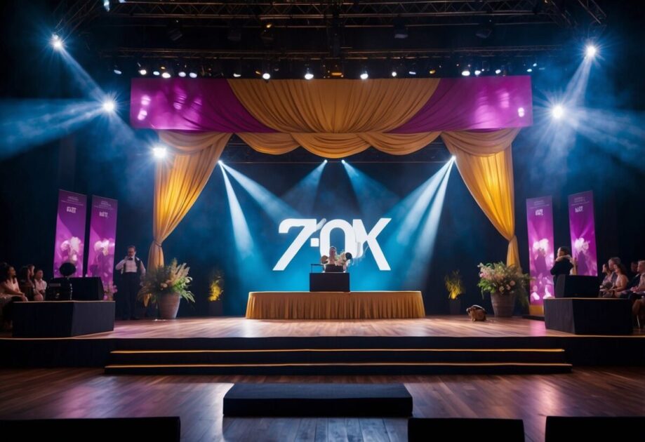 A stage adorned with vibrant banners and a podium, surrounded by an attentive audience. Bright lights illuminate the space, creating a sense of anticipation and inspiration