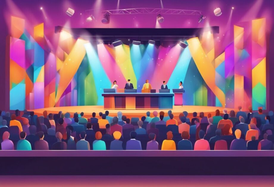 A stage set with a podium and audience, with vibrant colors and energetic atmosphere, depicting the impact of motivational speakers on success