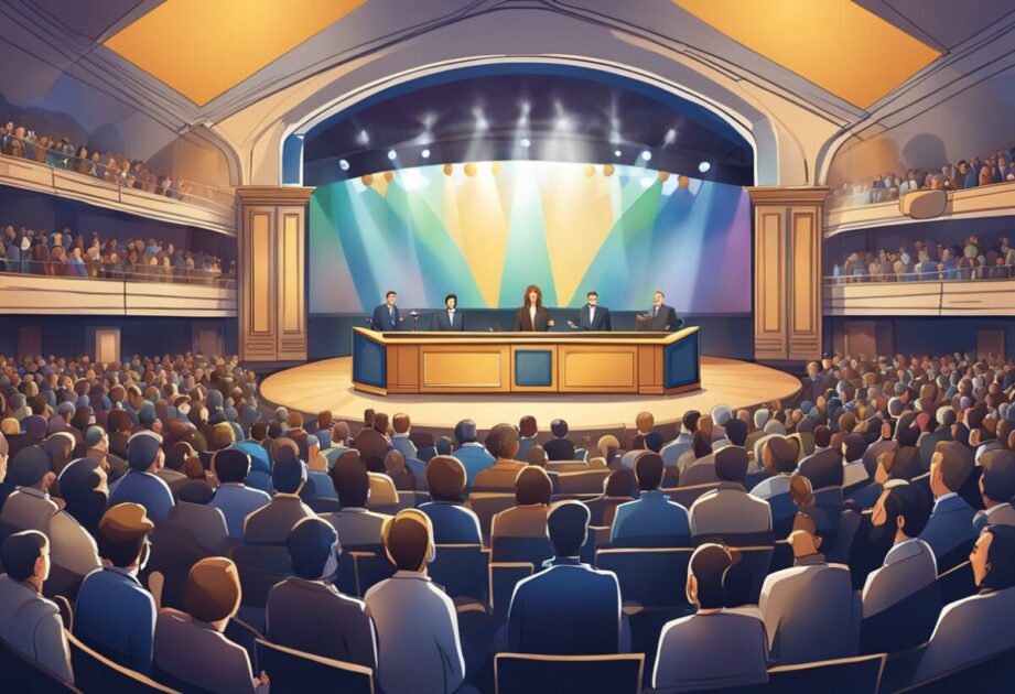 A stage with a podium and microphone, surrounded by a large audience. The room is filled with excitement and anticipation as famous speakers prepare to share their knowledge