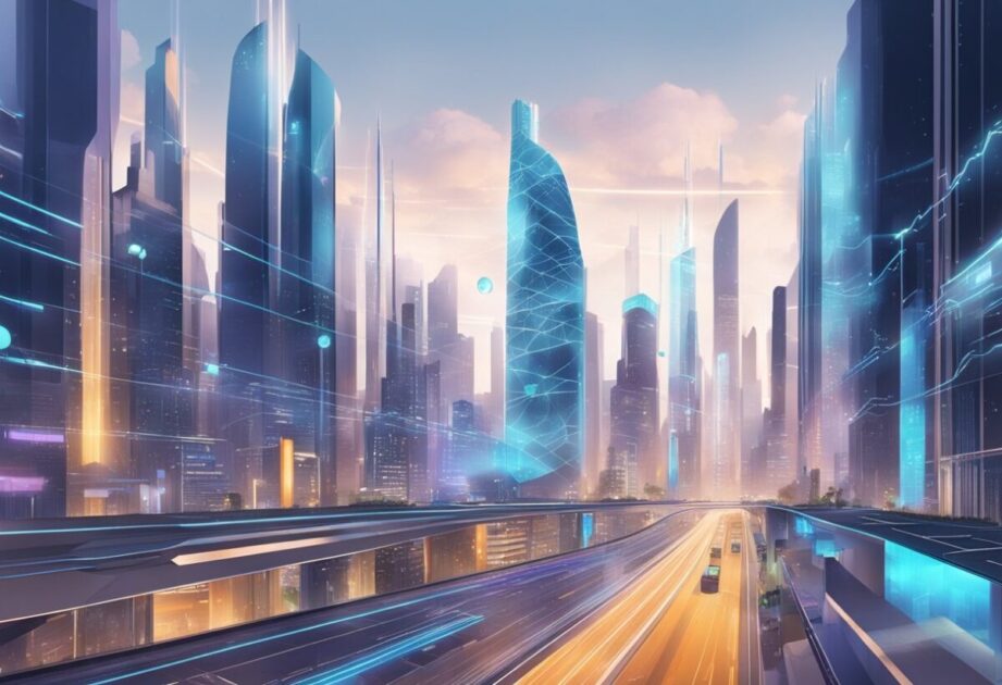 A futuristic city skyline with AI-driven businesses thriving. Advanced technology and data streams are visible, illustrating the adaptation of companies to the Gen AI revolution