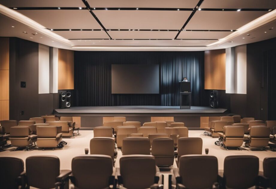 A dynamic speaker presents on innovation to a captivated audience in a modern, well-lit auditorium