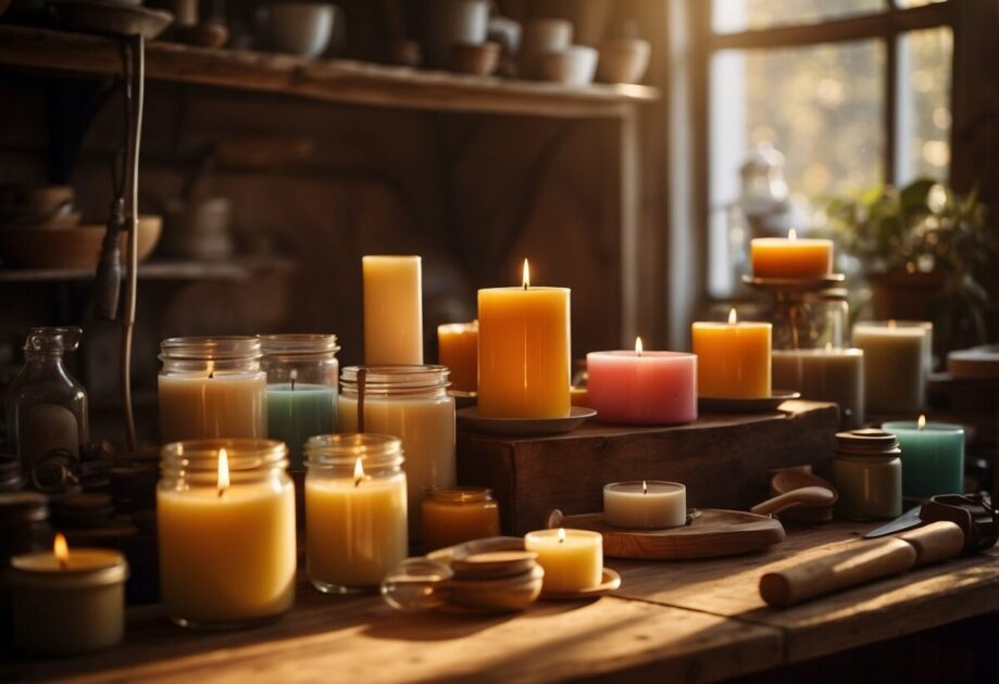 A table filled with colorful wax, molds, and tools. A warm, cozy room with shelves of finished candles. Sunlight streams in through the window