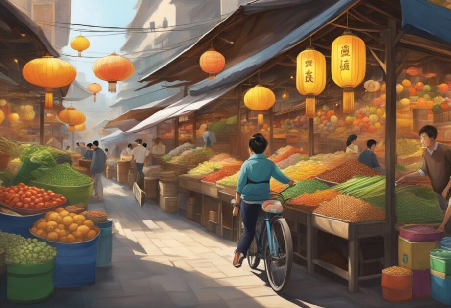 Li Lu navigating through a bustling Chinese market, surrounded by colorful stalls and exotic goods. The atmosphere is filled with both challenges and opportunities