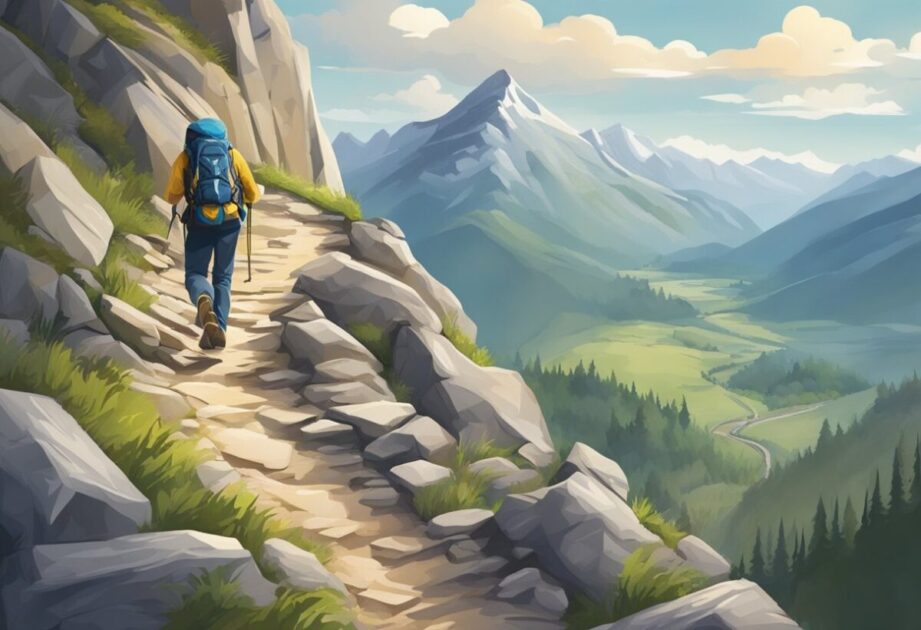 A mountain climber conquering a steep and rocky path, symbolizing overcoming challenges in entrepreneurship