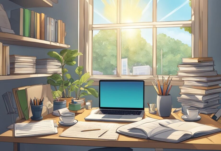 A cluttered desk with a laptop, notepads, and scattered papers. A book titled "Fundamentos do Empreendedorismo" prominently displayed. Rays of sunlight streaming through a window onto the desk