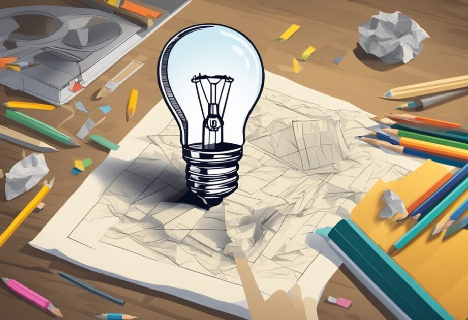 A lightbulb surrounded by scattered crumpled paper, with a pencil and ruler on a desk. A bold "20" in the background, symbolizing 20 years of honest entrepreneurship advice