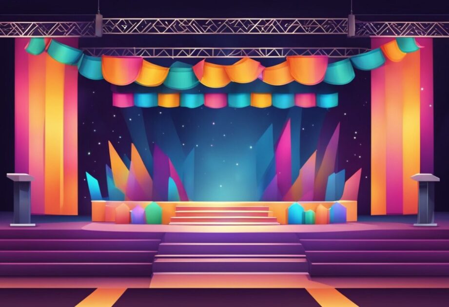 A stage with colorful banners and a podium. Bright lights illuminate the area, while an audience sits in anticipation