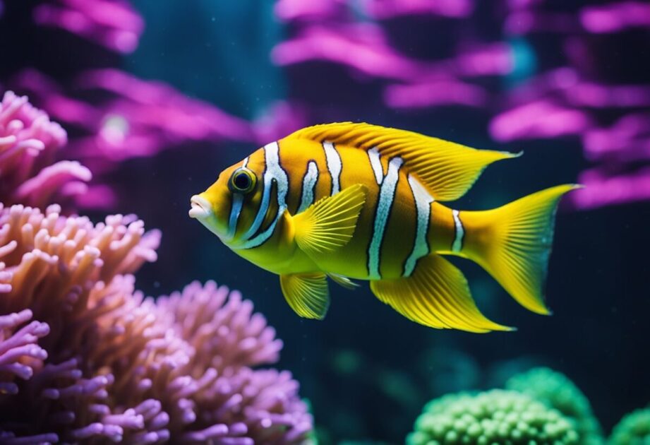 A colorful fish swimming in a vibrant underwater world, surrounded by coral and sea plants