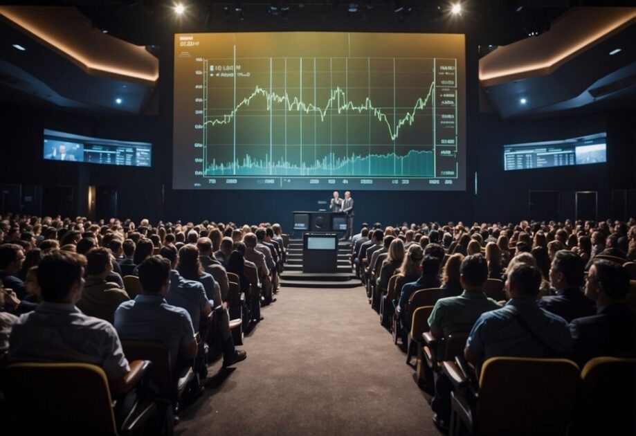 A podium stands at the center of a crowded auditorium, with a large screen displaying a price chart for speakers in Brazil. The audience is engaged, taking notes and listening intently