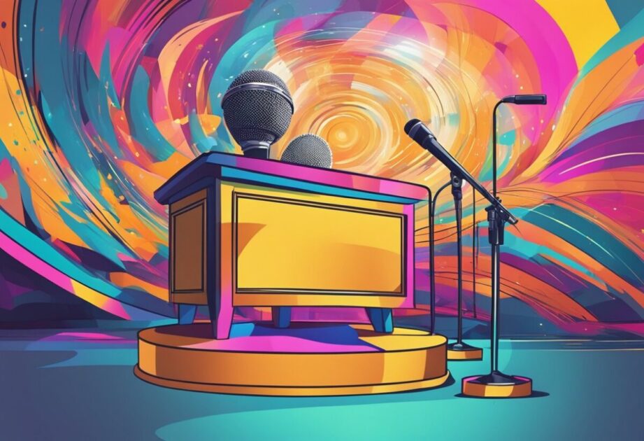 A colorful stage with a spotlight on a microphone and a podium, surrounded by vibrant abstract art and inspirational quotes