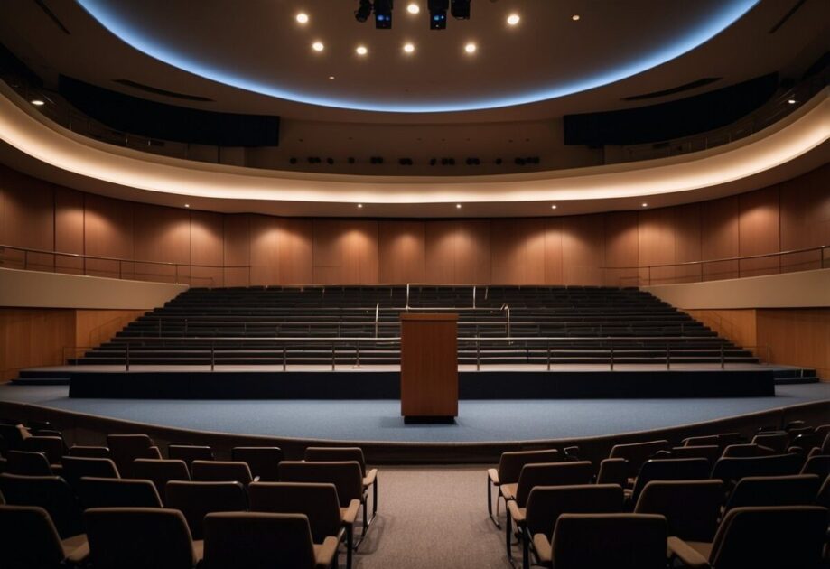 A podium with a microphone stands in the center of a dimly lit auditorium, with rows of empty seats stretching into the distance