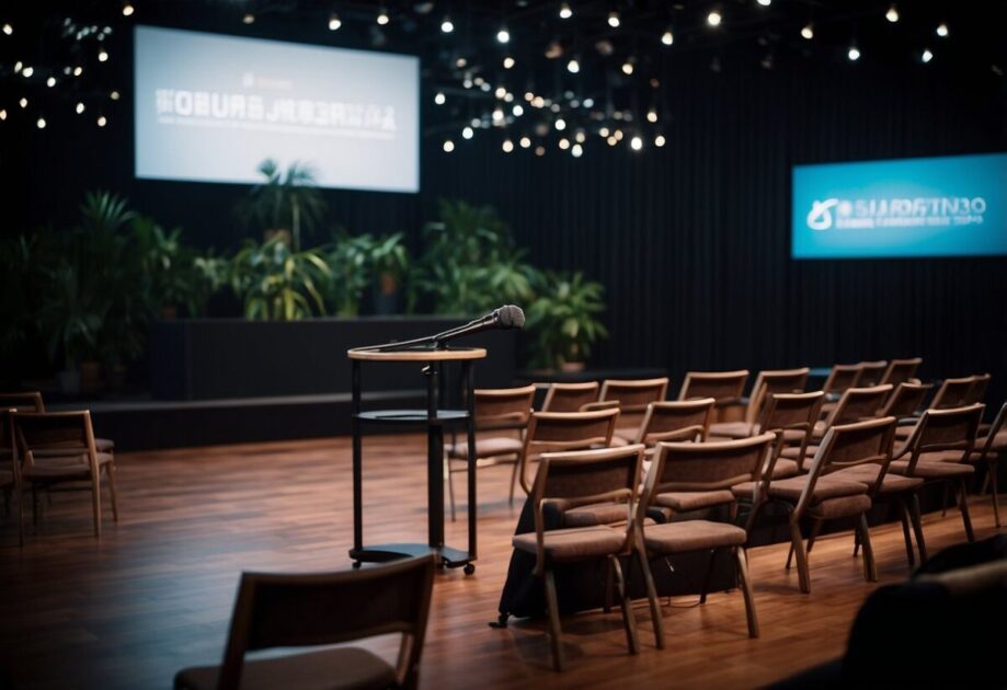 A podium with a microphone, surrounded by chairs and a projector screen displaying "Planejamento e Execução do Evento Quais os tipos de palestra."