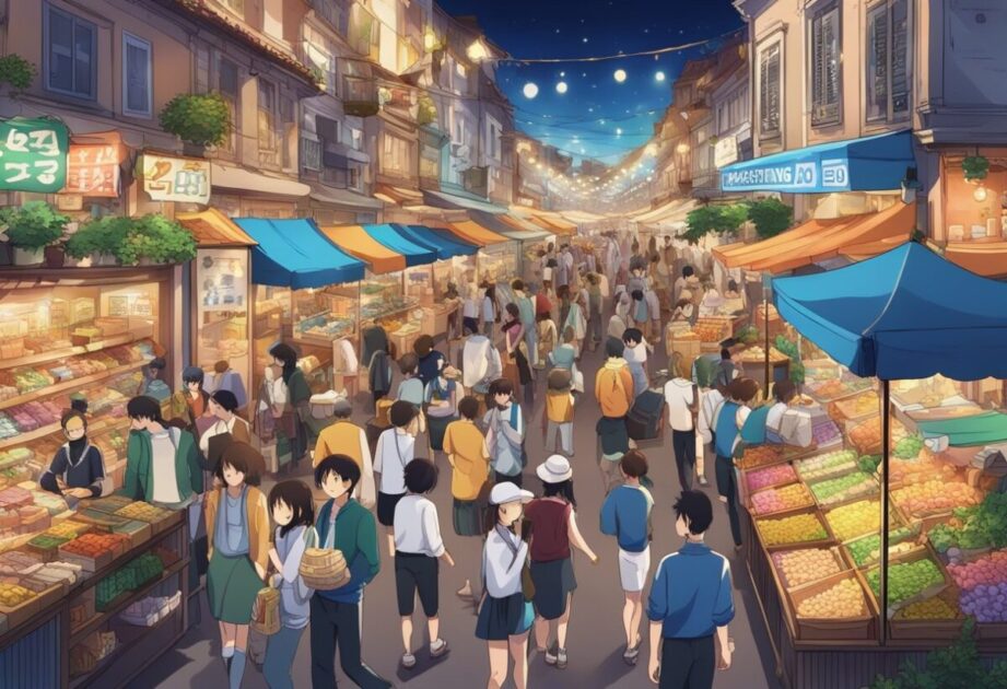 A bustling marketplace with colorful stalls and eager customers. A sign reads "Marketing e Vendas O que eu aprendi empreendendo há 20 anos" in bold lettering