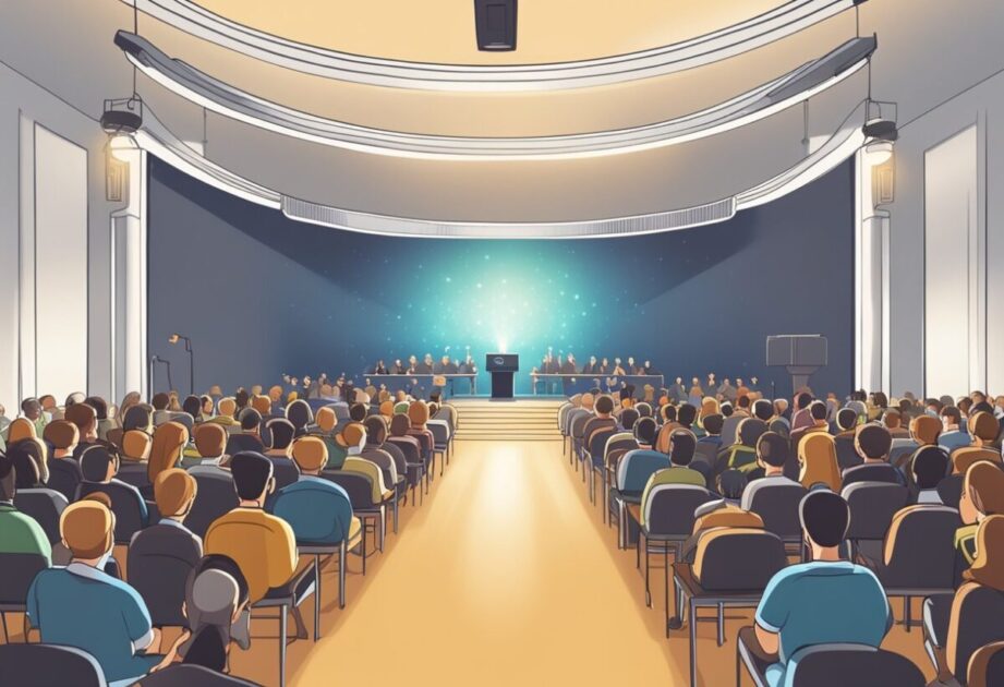 A podium with a microphone, surrounded by an audience. Bright lights illuminate the stage, with a backdrop displaying the title "Essential Elements of an Inspiring Lecture."