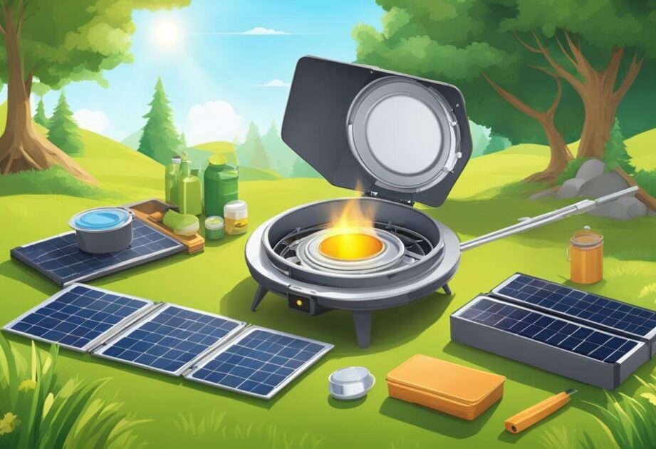 A portable solar stove sits on a grassy field, surrounded by various innovative products. The sun shines down on the scene, emphasizing the eco-friendly nature of the items