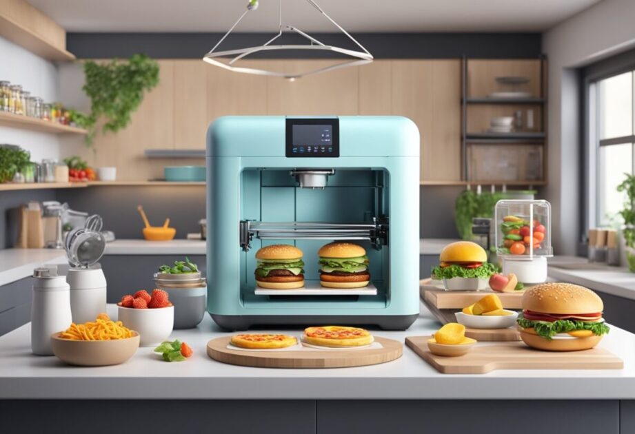 A 3D Food Printer creating innovative products like burgers, pizzas, pastries, fruits, and candies. The printer is surrounded by a modern kitchen setting with various ingredients and utensils