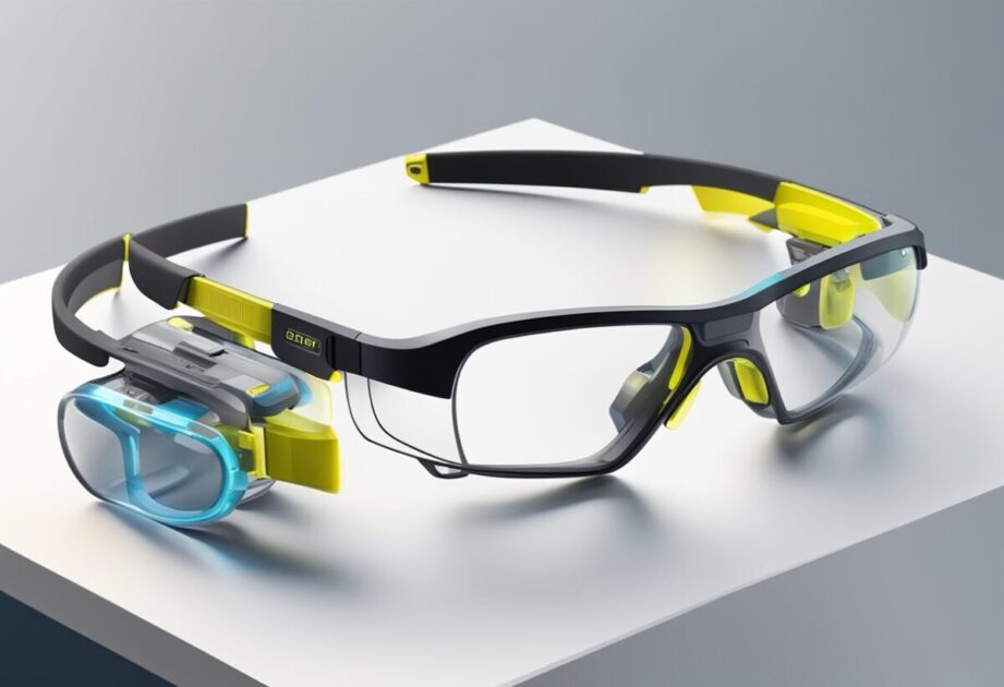 A pair of protective glasses with a built-in OLED display, surrounded by various innovative product ideas