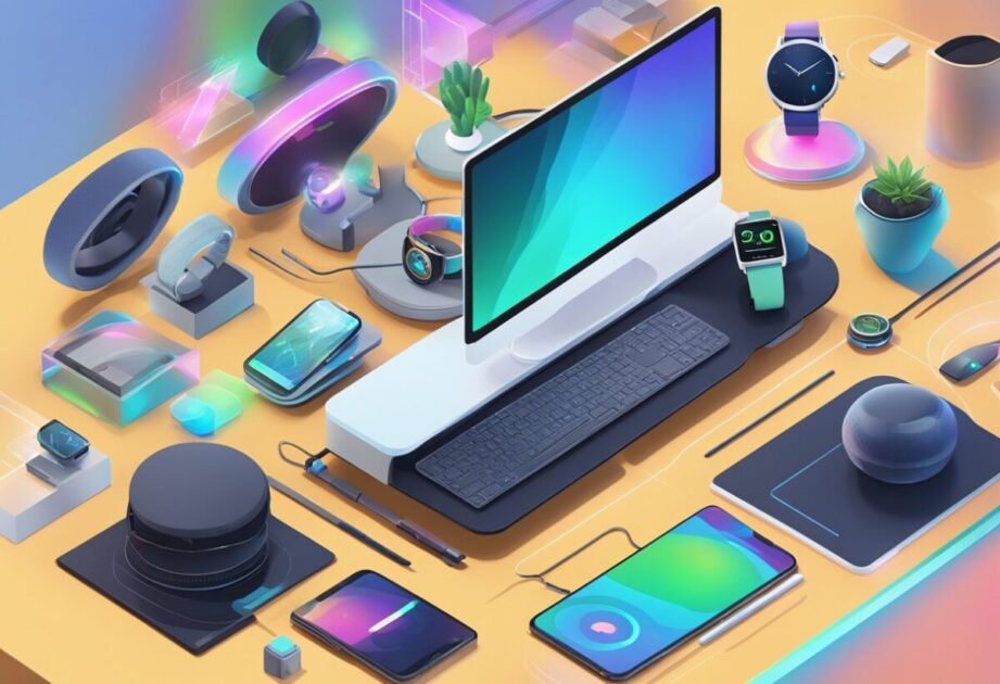 A cluttered desk with various futuristic gadgets and tools, including a levitating speaker, a sleek smartwatch, and a holographic display, showcasing the importance of innovative products