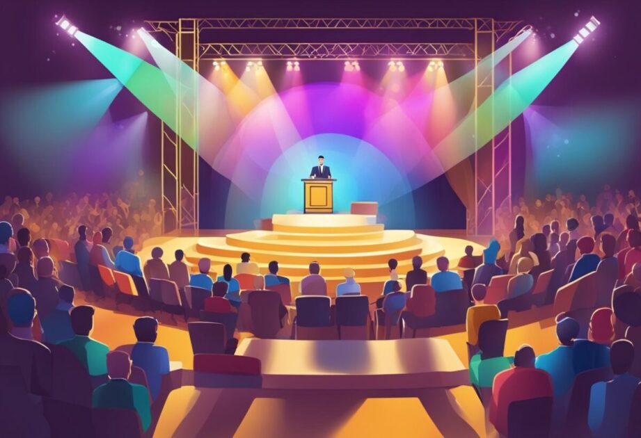 A colorful stage with a spotlight on a podium, surrounded by an audience. Visual aids and props are scattered around the stage