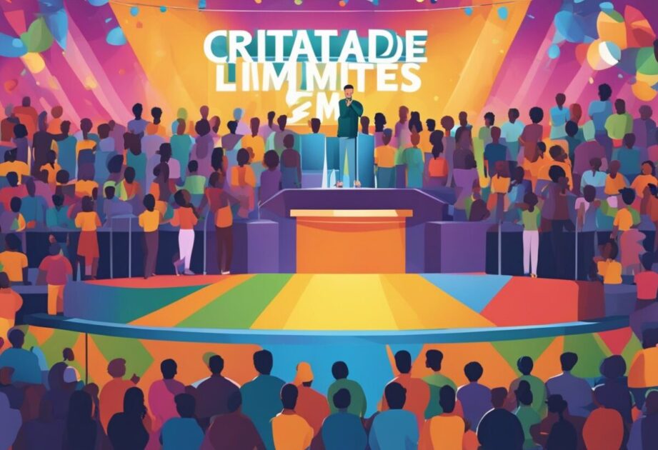 A colorful stage with a spotlight shining on a podium. A crowd of diverse silhouettes fills the room, while a banner reading "Criatividade Sem Limites" hangs above