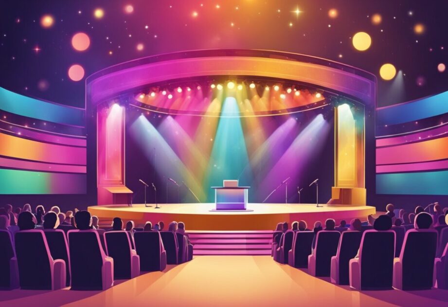 A stage with a podium and microphone, surrounded by colorful and inspiring visuals. Audience seating arranged in a semi-circle facing the stage