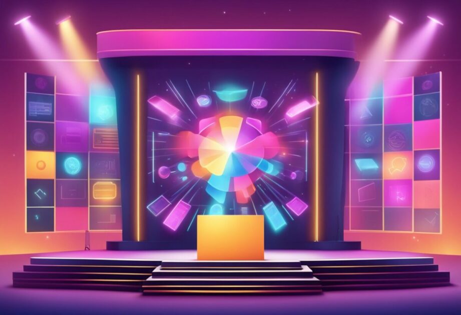 A colorful stage with a spotlight on a podium, surrounded by animated visuals and technology symbols