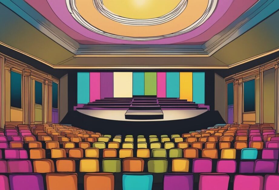 An audience sits in a dimly lit auditorium, facing a stage with a colorful backdrop. Five empty chairs are arranged in a semi-circle, awaiting speakers