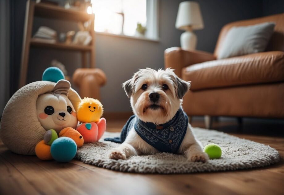 A cozy room with pet toys scattered around, a comfortable pet bed, and a pet sitting service sign on the wall