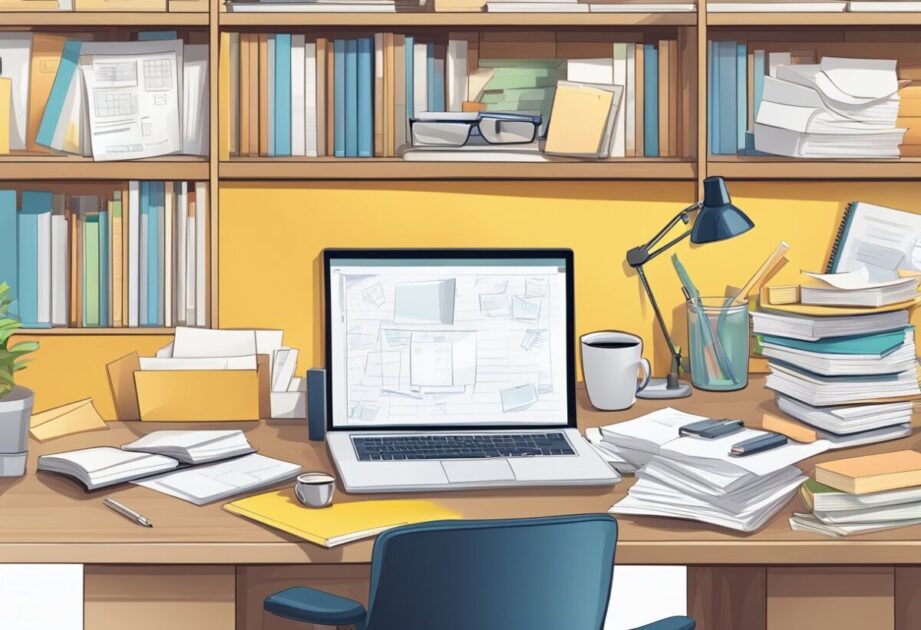 A desk with scattered papers, a laptop, and a cup of coffee. A bookshelf filled with business books. A whiteboard with strategic plans and sticky notes