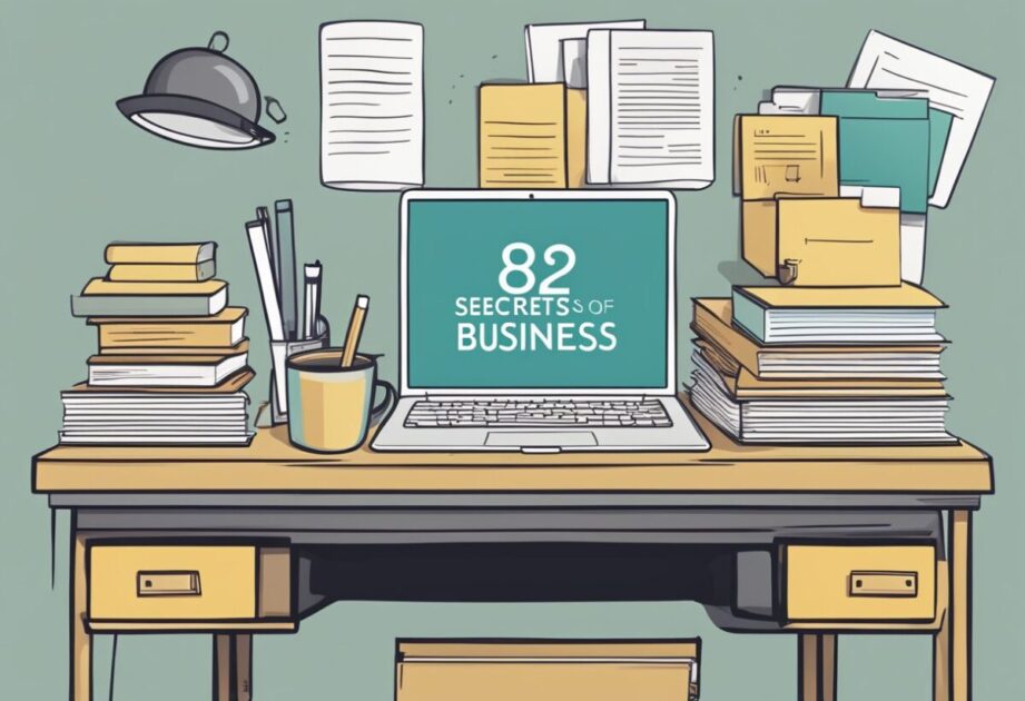 A desk with a stack of business books, a laptop, and a notepad with a list of "8 secrets of business" written on it