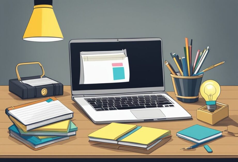 A desk cluttered with business books, a laptop, and a notepad. A lightbulb symbolizing entrepreneurial ideas. Post-it notes with key business secrets