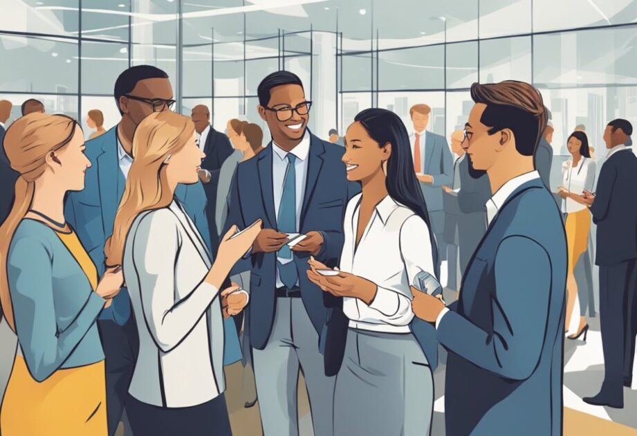 A group of business professionals engage in conversation at a networking event, exchanging business cards and sharing insights. The atmosphere is lively and dynamic, with a mix of formal and informal interactions