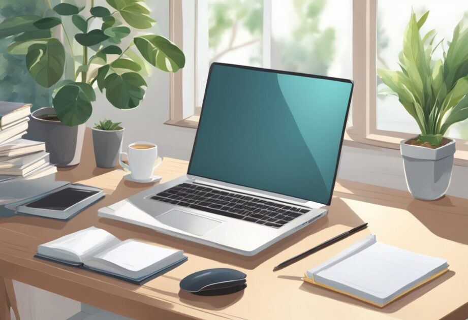 A desk with a laptop, books, and a notepad. A plant sits in the corner. The room is bright and organized, with a calm and focused atmosphere