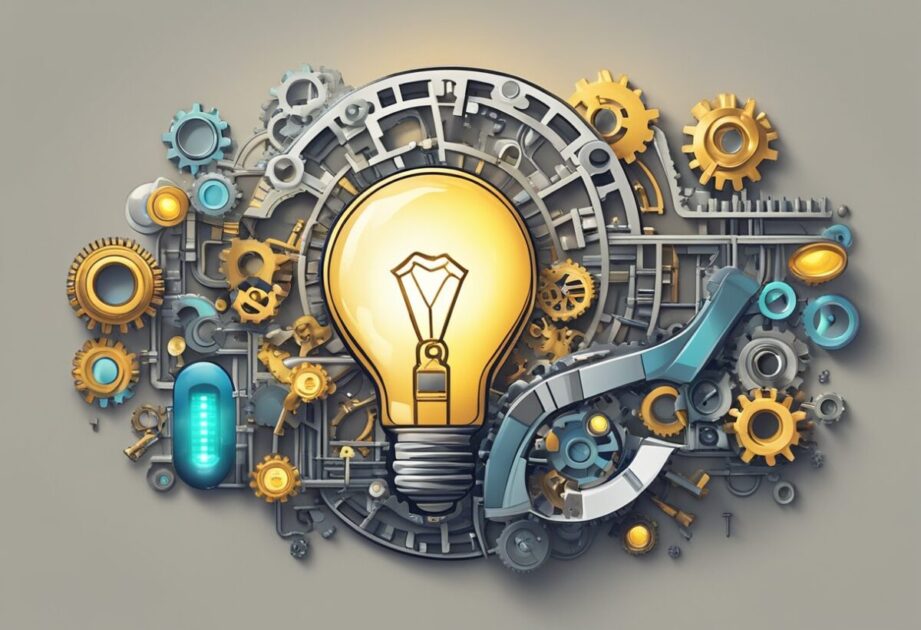 A glowing light bulb surrounded by gears, a maze, a question mark, a key, a rocket, and a magnifying glass