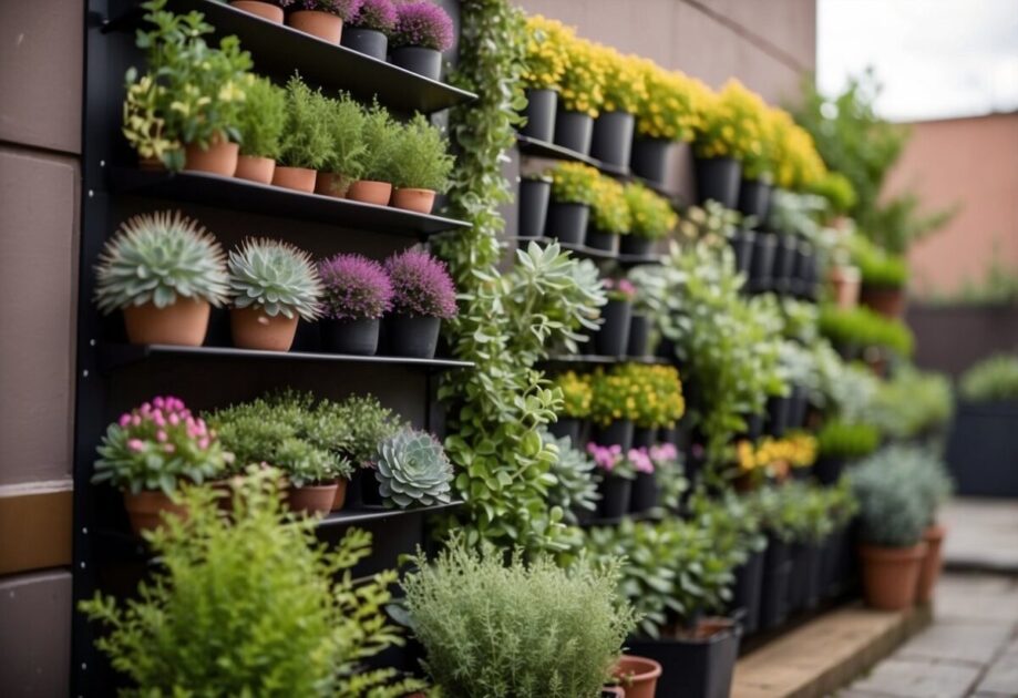 A small garden with various innovative features like a vertical garden, recycled materials, and creative plant arrangements, all done on a budget