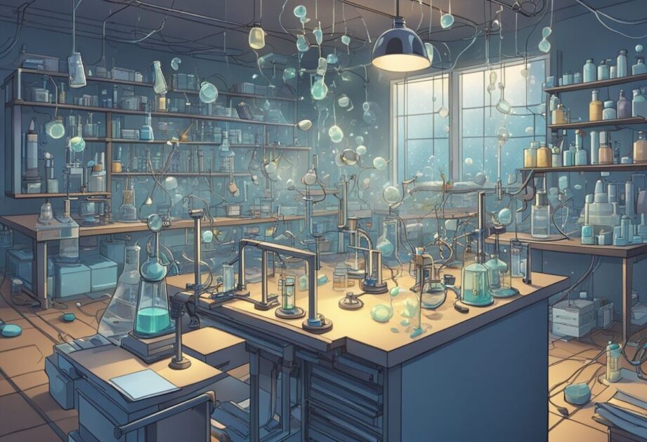 A chaotic laboratory with bubbling beakers, sparking wires, and scattered papers. A mysterious machine hums in the corner, emitting a soft glow