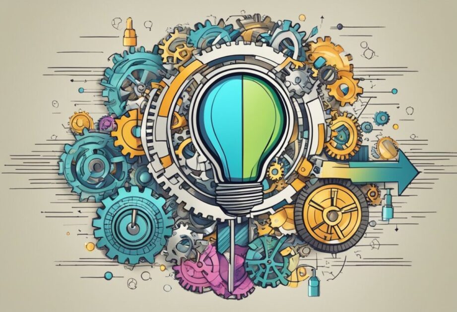 A colorful lightbulb surrounded by gears and arrows, representing the secrets of innovation