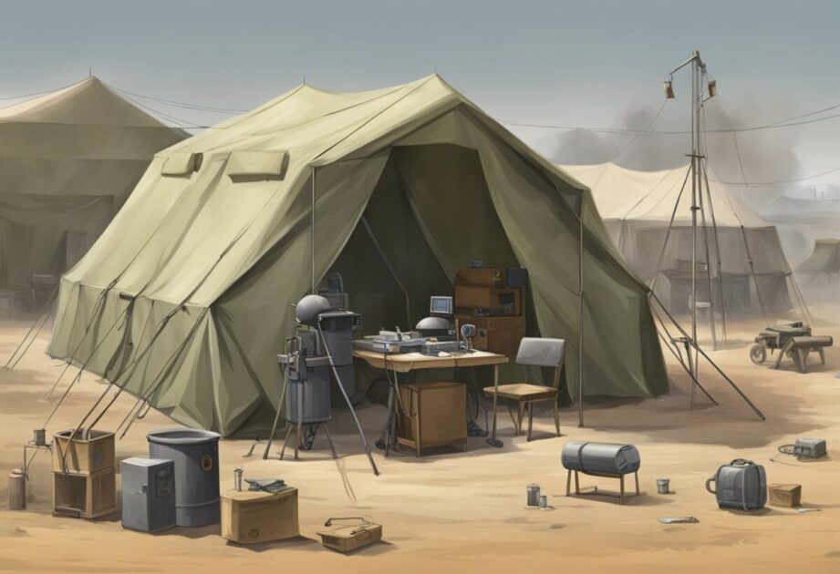 A scene of wartime innovation: a makeshift medical tent with improvised tools, a communication station with innovative technology, and a factory producing new weapons