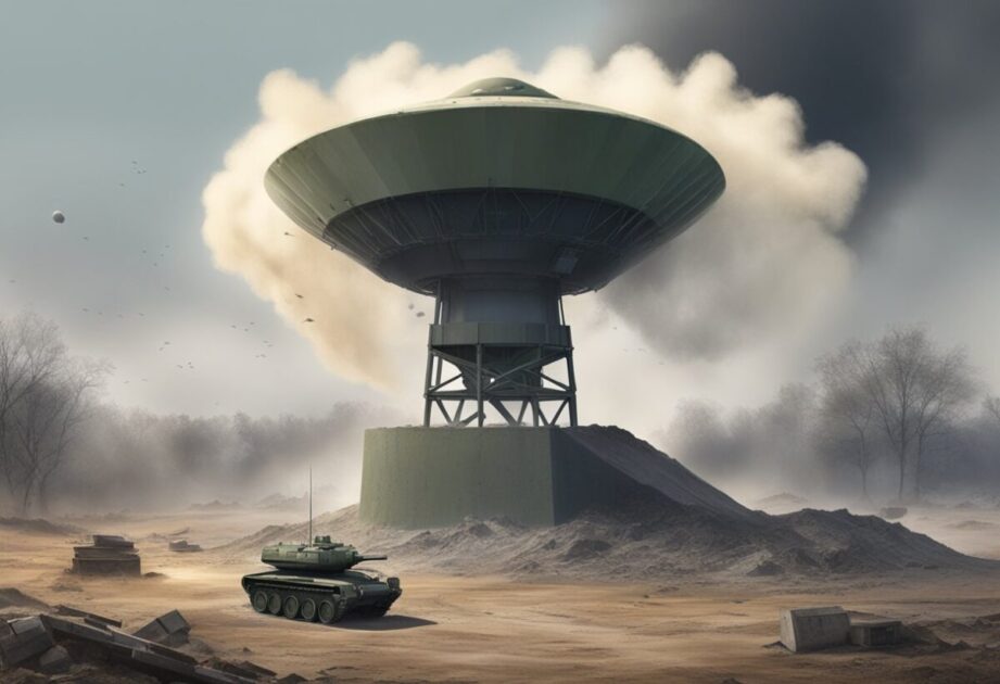 A radar dish atop a military bunker, surrounded by debris and smoke, symbolizing innovation born in times of war