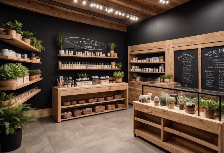 A cozy natural cosmetics shop with rustic wooden shelves, plants, and soft lighting. A chalkboard displays innovative product ideas