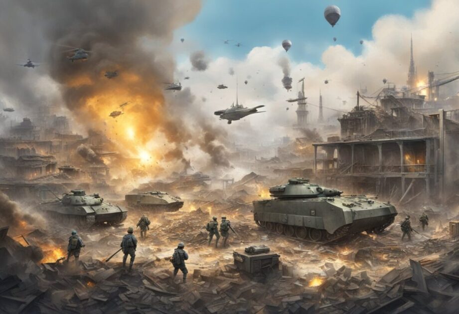 A chaotic battlefield with innovative wartime inventions scattered amidst the destruction. Smoke and debris fill the air as new technologies emerge from the chaos