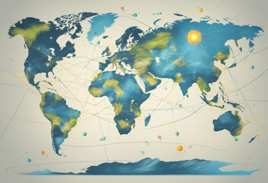 A laboratory table with test tubes, microscopes, and futuristic equipment. A globe showing different countries. A computer screen displaying scientific data