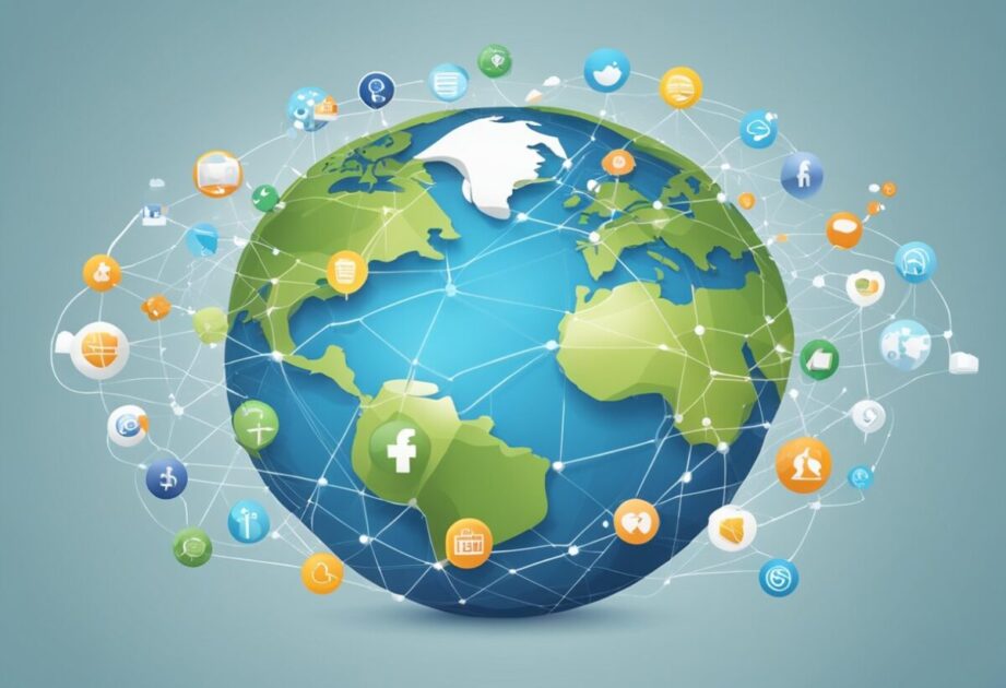 A globe with interconnected icons representing technological advancements, social media, communication, transportation, and healthcare